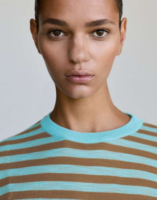 Pull&Bear Feinstrick-Pullover mit Streifen in Türkis, 3 von 7