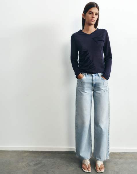 Pull&Bear Feinstrickpullover mit Raffungen in Marineblau - view 1