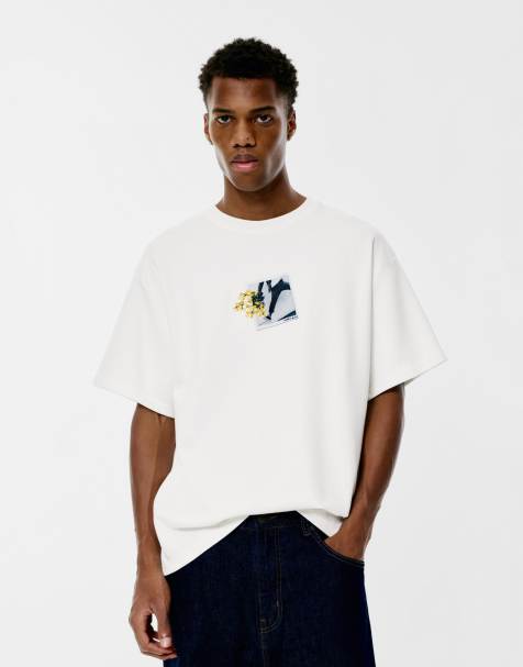 Pull&Bear - Felpa a maniche corte bianco sporco ricamata - view 1