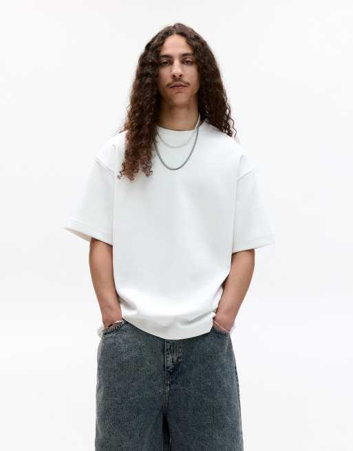 Pull&Bear - Felpa basic a maniche corte color bianco sporco