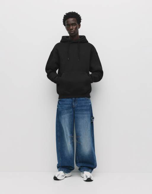 Pull&Bear - Felpa basic con cappuccio nera, 2 di 4