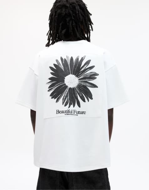 Pull&Bear - Felpa bianco sporco a maniche corte con fiore - view 1