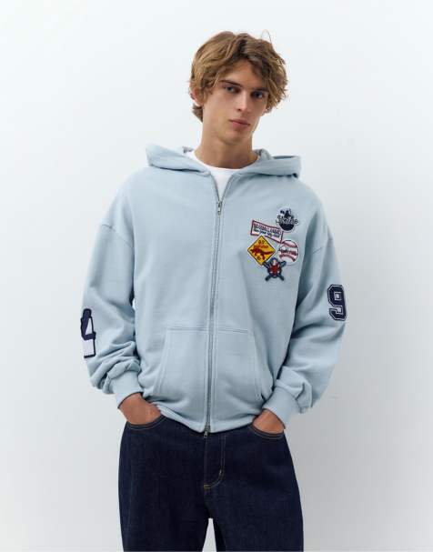 Pull&Bear - Felpa blu pallido con cappuccio, zip e toppe - view 1