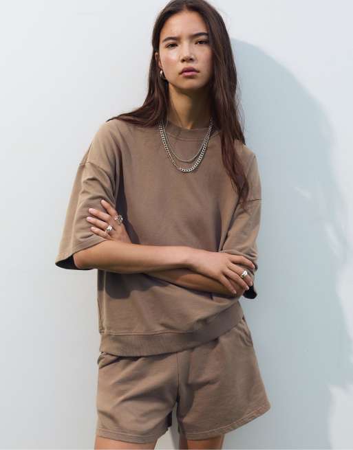 Pull&Bear - Felpa color cioccolato a maniche corte