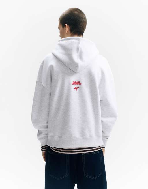 Pull&Bear - Felpa color grigio mélange con cappuccio e grafica Stwd Studio, 2 di 4