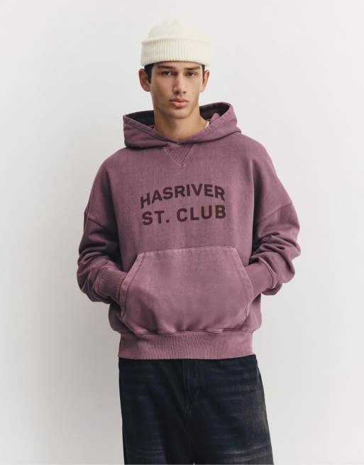 Pull&Bear - Felpa color mora con cappuccio e grafica Hasriver St. Club