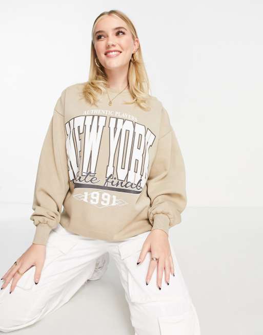 Pull&Bear - Felpa color pietra con scritta “New York”