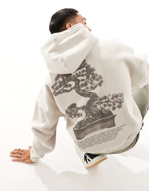 Pull&Bear - Felpa con cappuccio bianca con bonsai