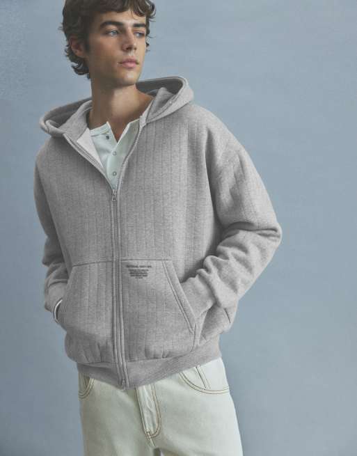 Pull&Bear felpa con cappuccio boxy in camoscio con zip grigia, 2 di 7