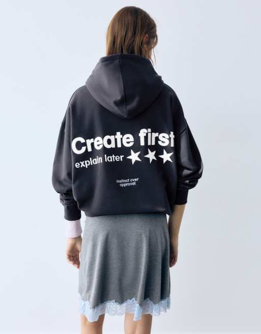 Pull&Bear felpa con cappuccio con stampa grafica a stella navy, 2 di 7