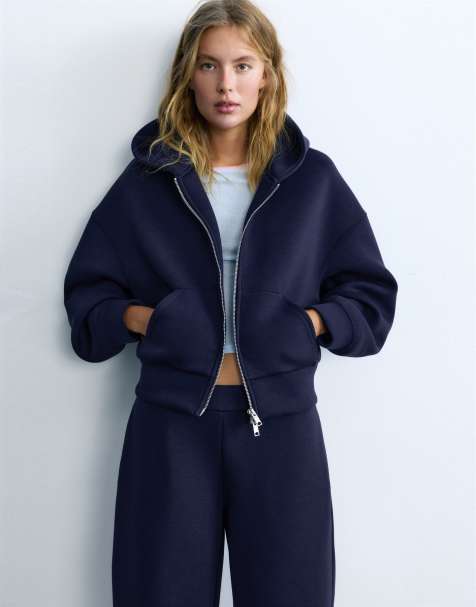 Pull&Bear felpa con cappuccio con zip effetto neoprene navy - view 1