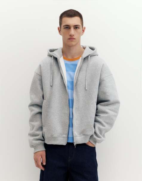 Pull&Bear felpa con cappuccio con zip in grigio mélange - view 1