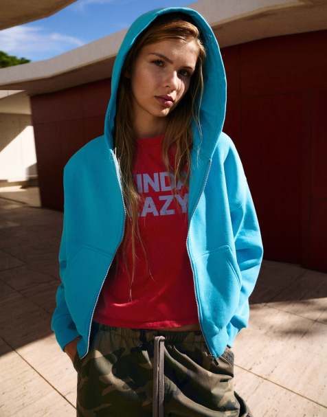 Pull&Bear felpa con cappuccio con zip turchese - view 1