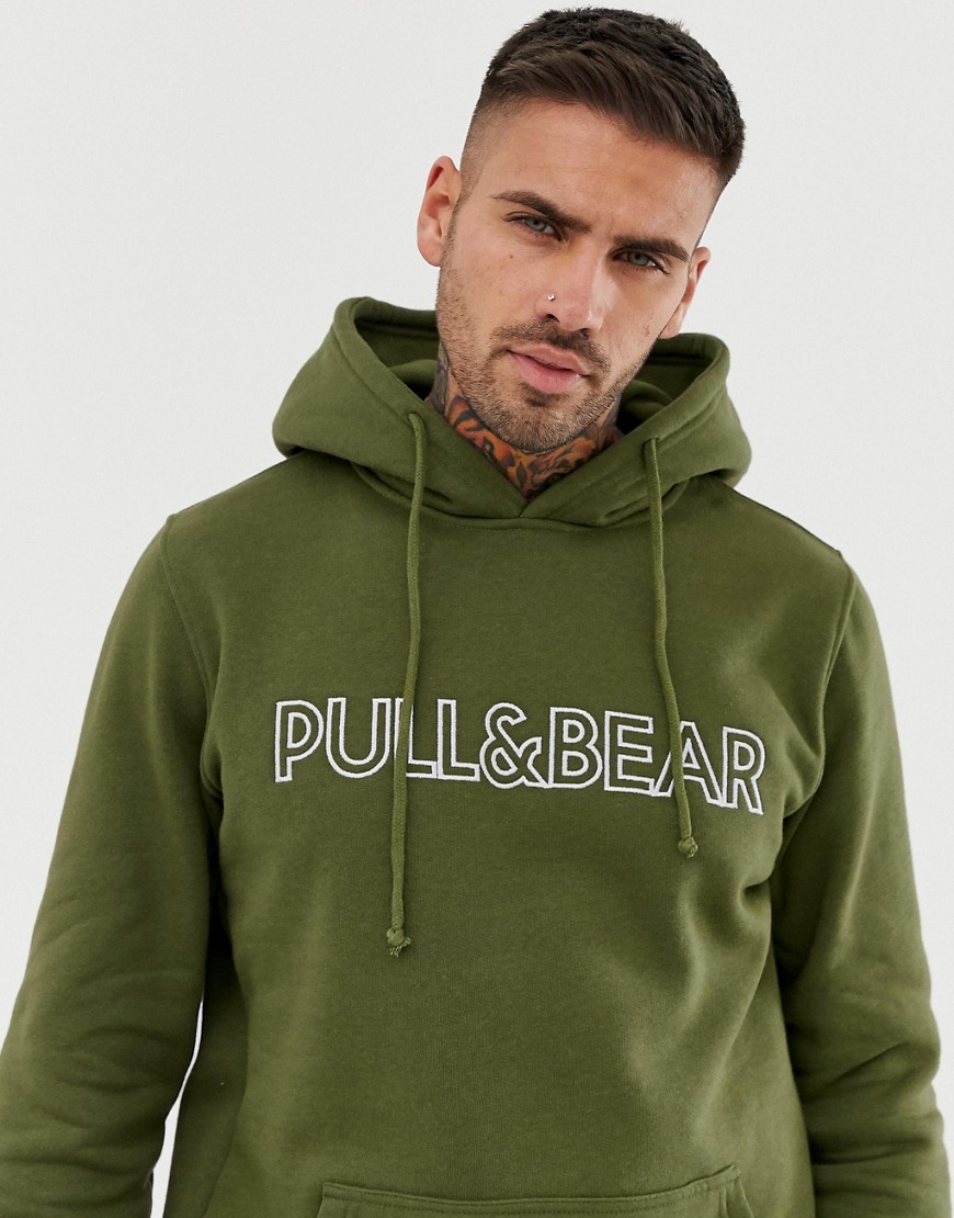 Pull&Bear - Felpa con cappuccio e logo kaki-Verde
