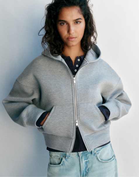 Pull&Bear felpa con cappuccio effetto neoprene con zip grigio mélange - view 1