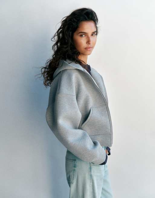 Pull&Bear felpa con cappuccio effetto neoprene con zip grigio mélange, 3 di 7