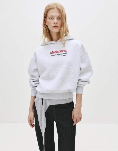 Pull&Bear - Felpa con cappuccio grigio mélange con scritta ricamata - view 1