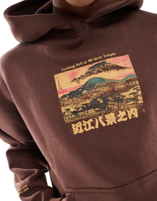 Pull&Bear - Felpa con cappuccio marrone con stampa di montagna sul retro , 3 di 4