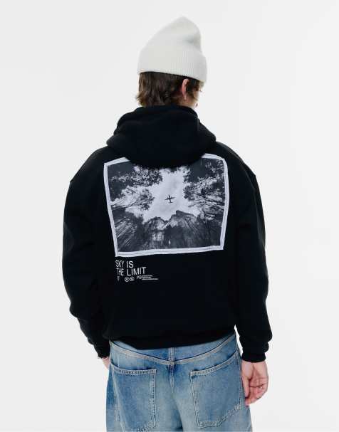 Pull&Bear - Felpa con cappuccio nera con stampa di aereo - view 1