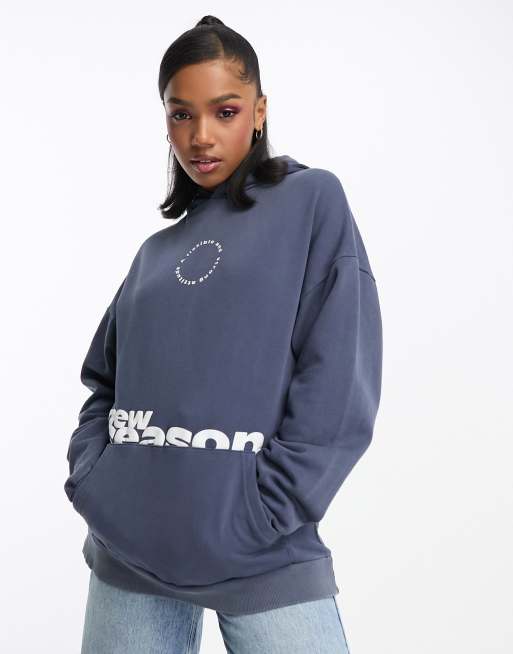 Pull&Bear - Felpa con cappuccio oversize con grafica sportiva color blu slavato