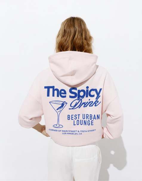 Pull&Bear - Felpa con cappuccio rosa pallido con stampa di drink - view 1