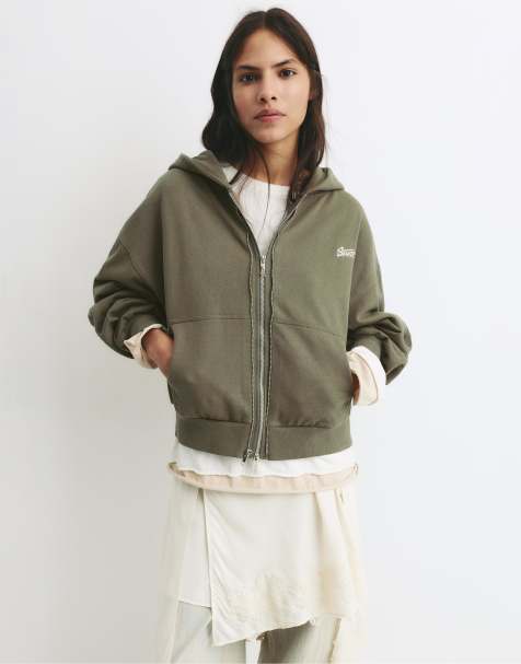 Pull&Bear - Felpa con cappuccio verde e grigia con zip bidirezionale - view 1