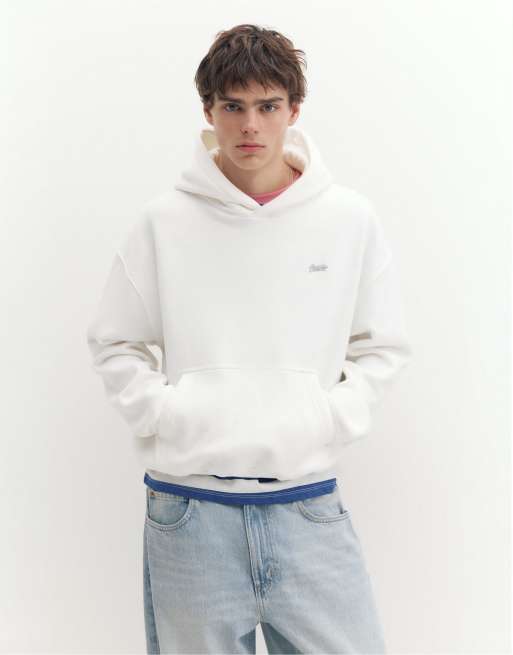 Pull&Bear felpa con cappuccio vestibilità squadrata color bianco sporco