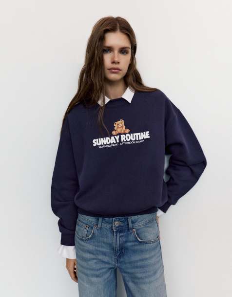 Pull&Bear felpa con stampa orso blu navy - view 1