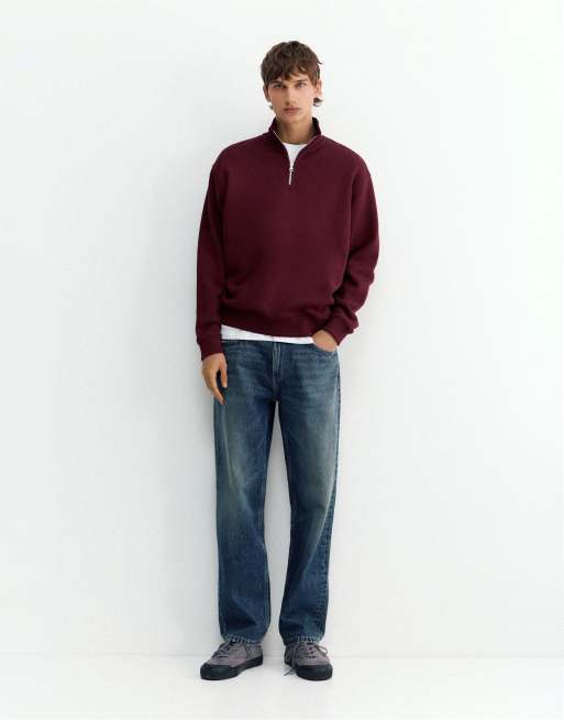 Pull&Bear felpa con zip corta bordeaux, 4 di 7