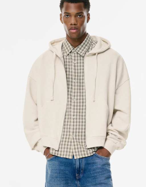 Pull&Bear - Felpa corta color sabbia mélange con cappuccio e zip