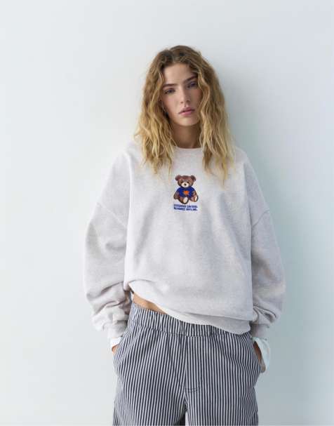 Pull&Bear - Felpa grigio mélange con scollo rotondo e orsetto - view 1