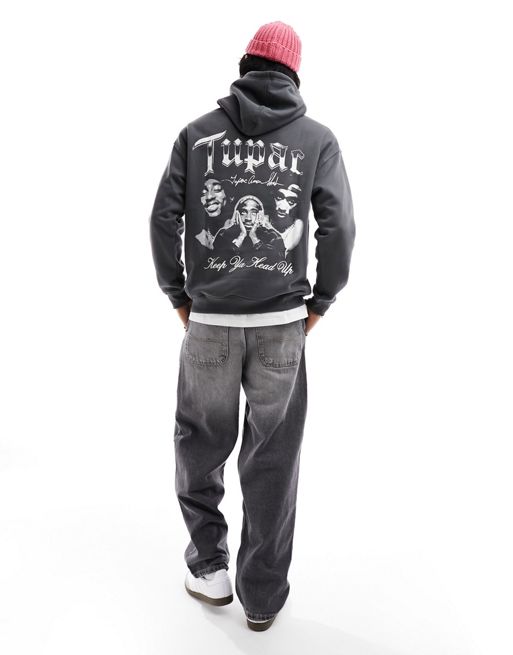 Pull&Bear - Felpa grigio scuro con stampa Tupac e cappuccio