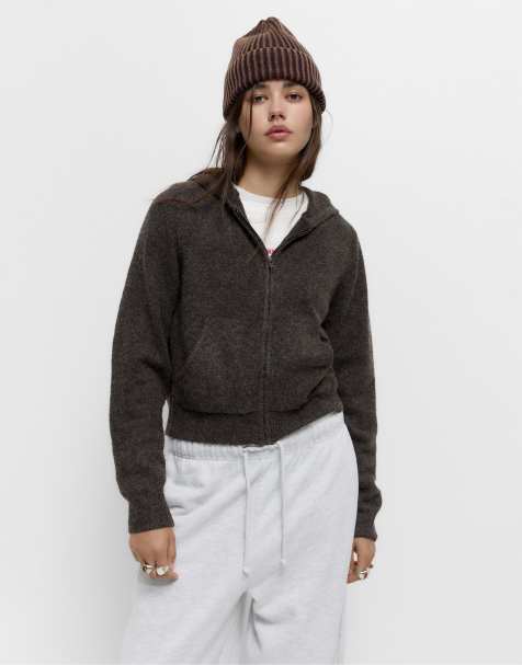 Pull&Bear - Felpa in maglia marrone scuro con cappuccio e zip - view 1
