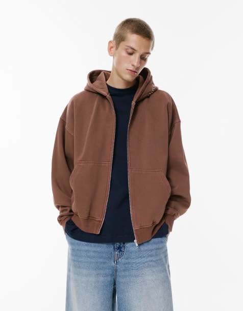 Pull&Bear - Felpa marrone ricamata con cappuccio e zip - view 1