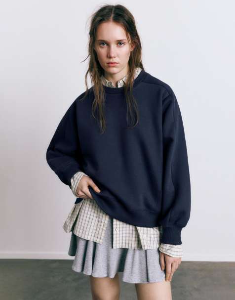 Pull&Bear - Felpa oversize blu navy con cuciture a vista - view 1