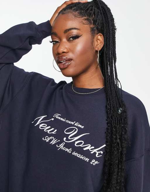 Pull&Bear - Felpa oversize girocollo blu navy con scritta New York in coordinato