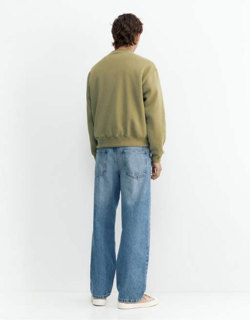 Pull&Bear felpa relaxed fit color oliva, 2 di 7