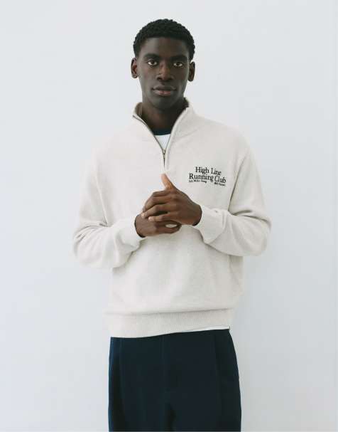Pull&Bear felpa ricamata con zip corta in grigio mélange - view 1