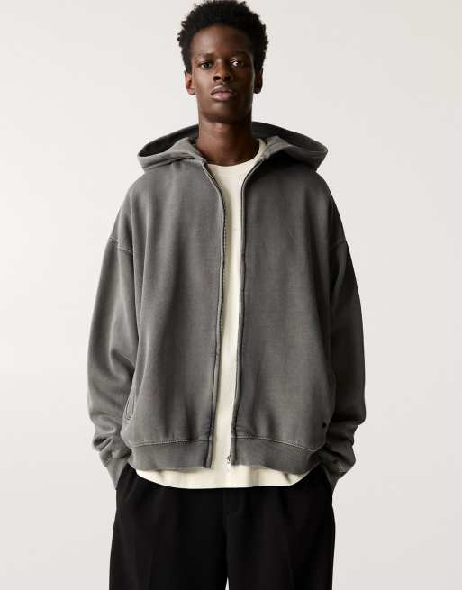 Pull&Bear - Felpa squadrata grigio slavato con cappuccio e zip 