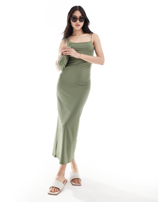 Pull&Bear – Figurformendes Maxi-Riemchenkleid aus Polyamid in Khakigrün