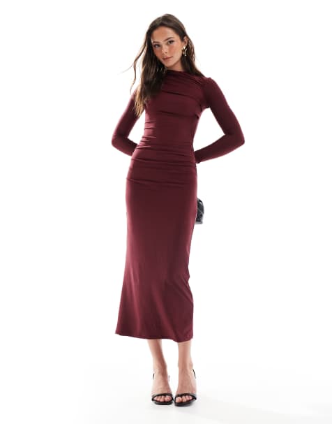 Pull&Bear – Figurformendes Maxikleid aus Polyamid in Burgunderrot mit gerafften Details - view 1