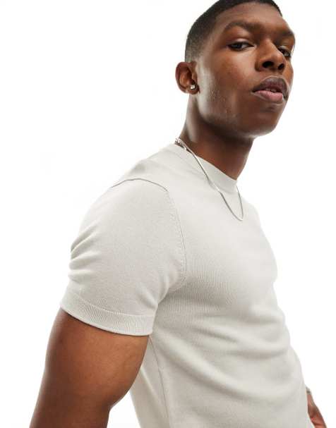 Pull&Bear - Fijngebreid muscle fit T-shirt in grijs - view 1