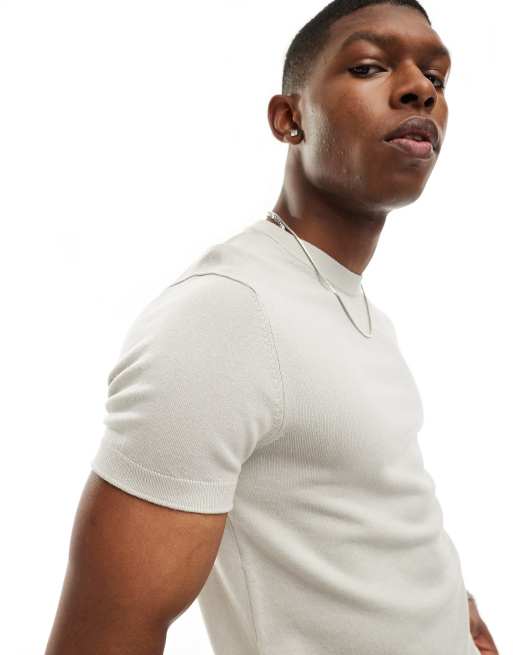 Pull&Bear - Fijngebreid muscle fit T-shirt in grijs
