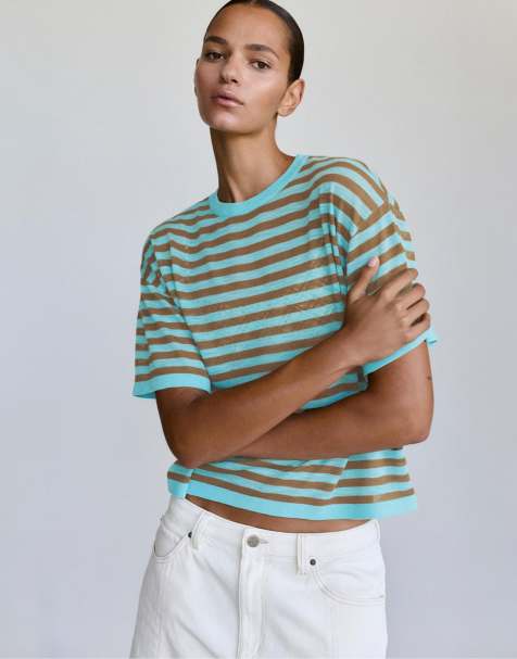 Pull&Bear fijngebreide gestreepte trui in turquoise - view 1