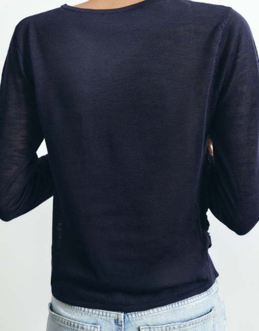 Pull&Bear fijngebreide trui met plooien in navy, 2 van 7