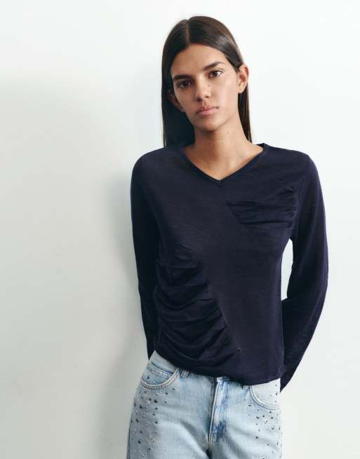 Pull&Bear fijngebreide trui met plooien in navy, 4 van 7