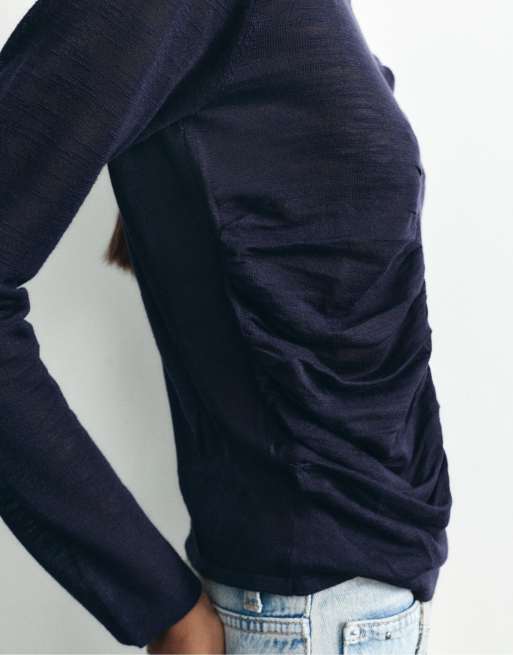 Pull&Bear fijngebreide trui met plooien in navy, 5 van 7