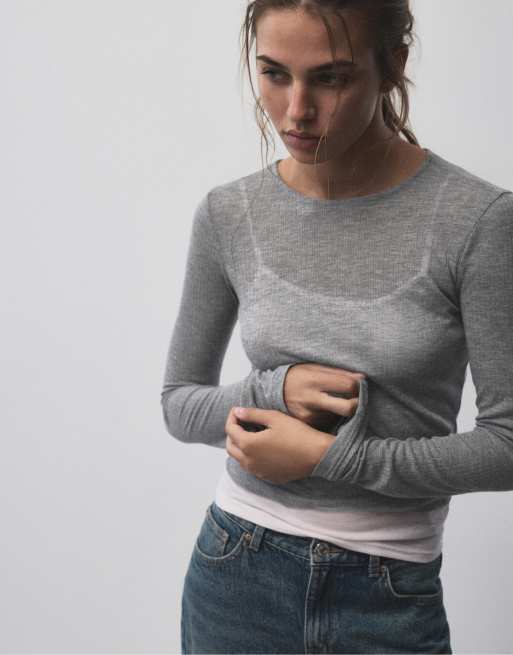 Pull&Bear fin t-shirt i dubbla lager i gråmelerad, 2 av 7