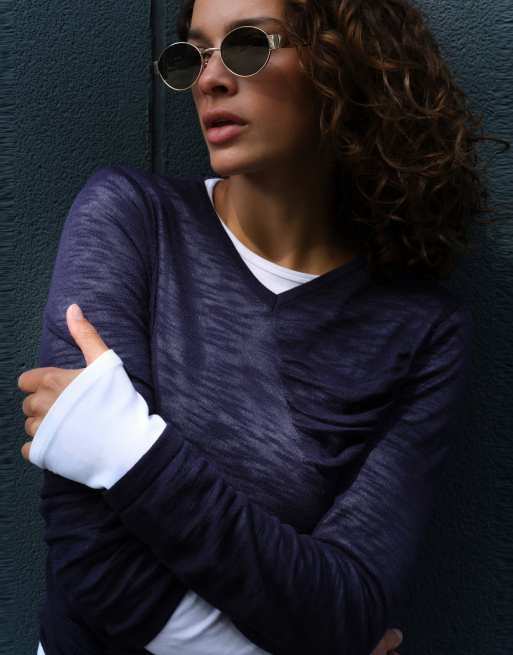 Pull&Bear Fine knit gathered jumper in navy, 2 of 6