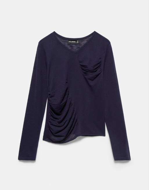 Pull&Bear Fine knit gathered jumper in navy, 4 of 6